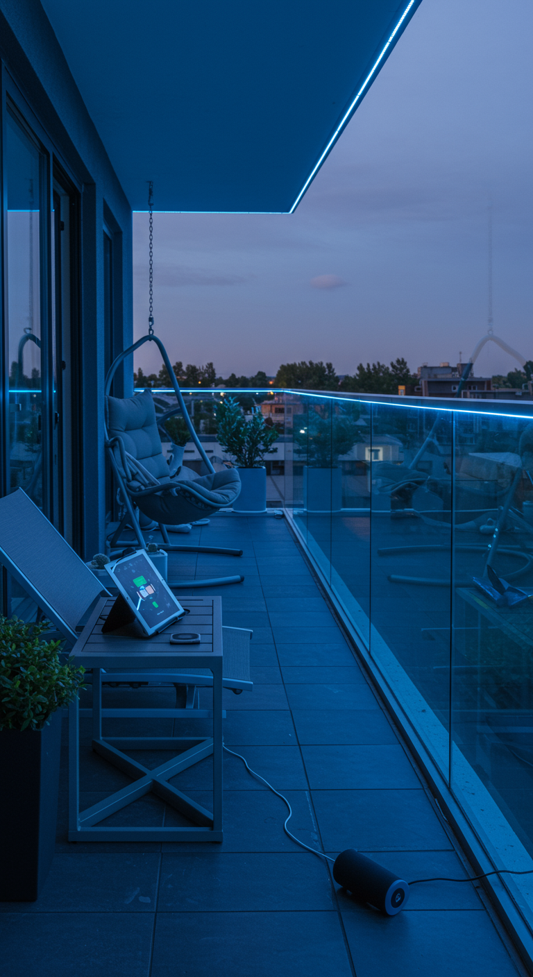 Grijze hangstoel op modern balkon 's avonds, verlicht met blauwe LED-strips.