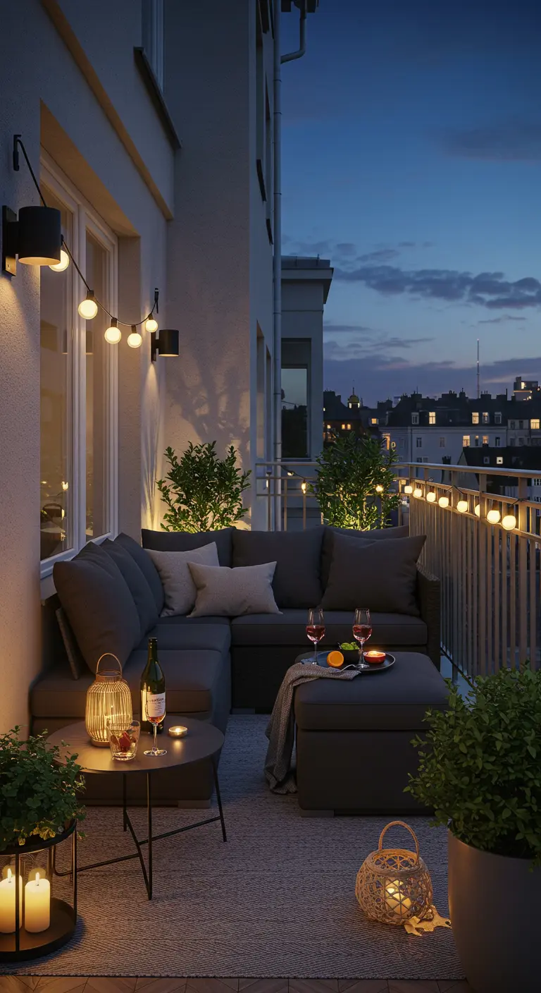 Balkon 's avonds met grote loungebank, veel kussens, lichtsnoeren en lantaarns.