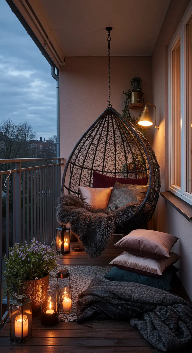 Knus balkon 's avonds met donkere rotan hangstoel, schapenvacht, kussens en lantaarns.