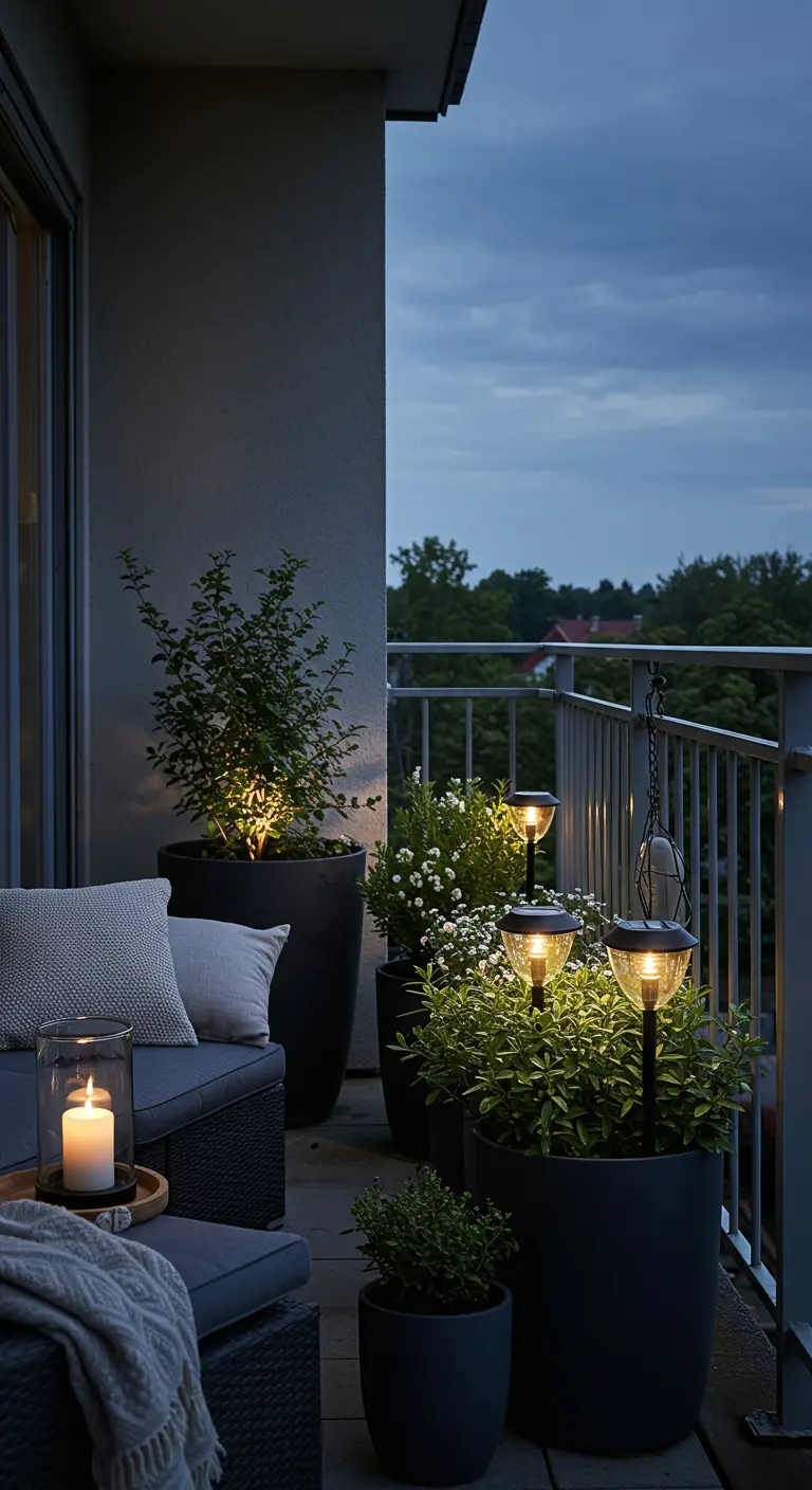 Balkon 's avonds met sfeervolle solar lampjes in plantenbakken naast een loungeset.
