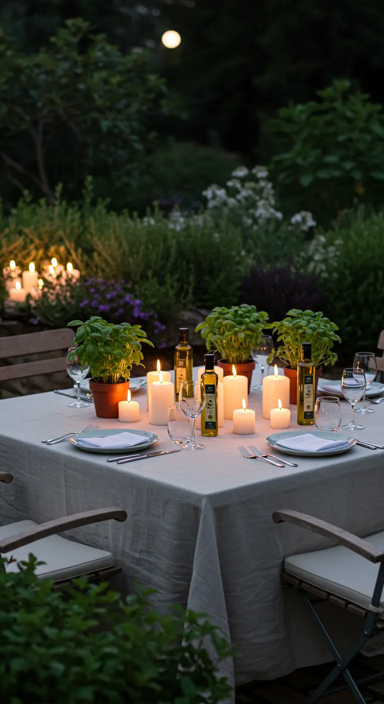 Tuin eettafel in de avond met brandende kaarsen, basilicumplanten en olijfolieflessen.