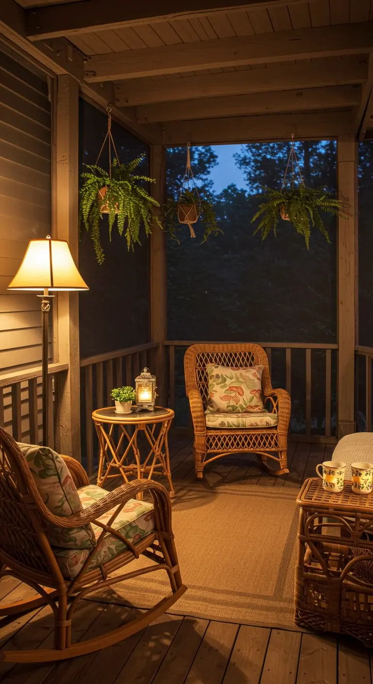 Twee natuurlijke rotan schommelstoelen met kussens op een sfeervol verlichte veranda.