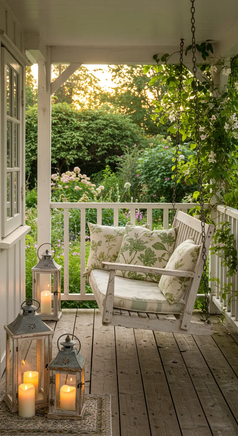 Witte schommelbank met groen-beige bloemenkussens, omringd door brandende lantaarns en klimplanten.