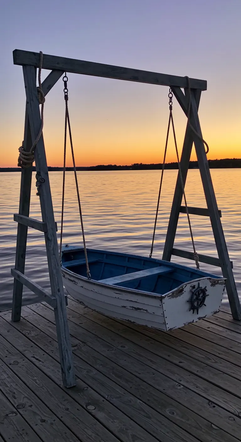 Kleine witte roeiboot omgebouwd tot schommel aan houten frame bij zonsondergang aan water.