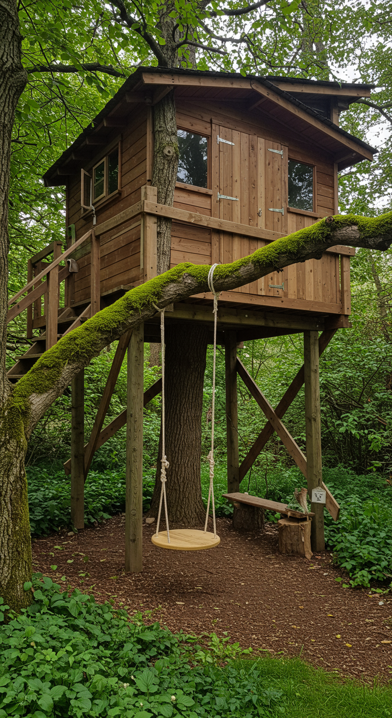 Houten boomhut met ronde houten schommel aan tak eronder.