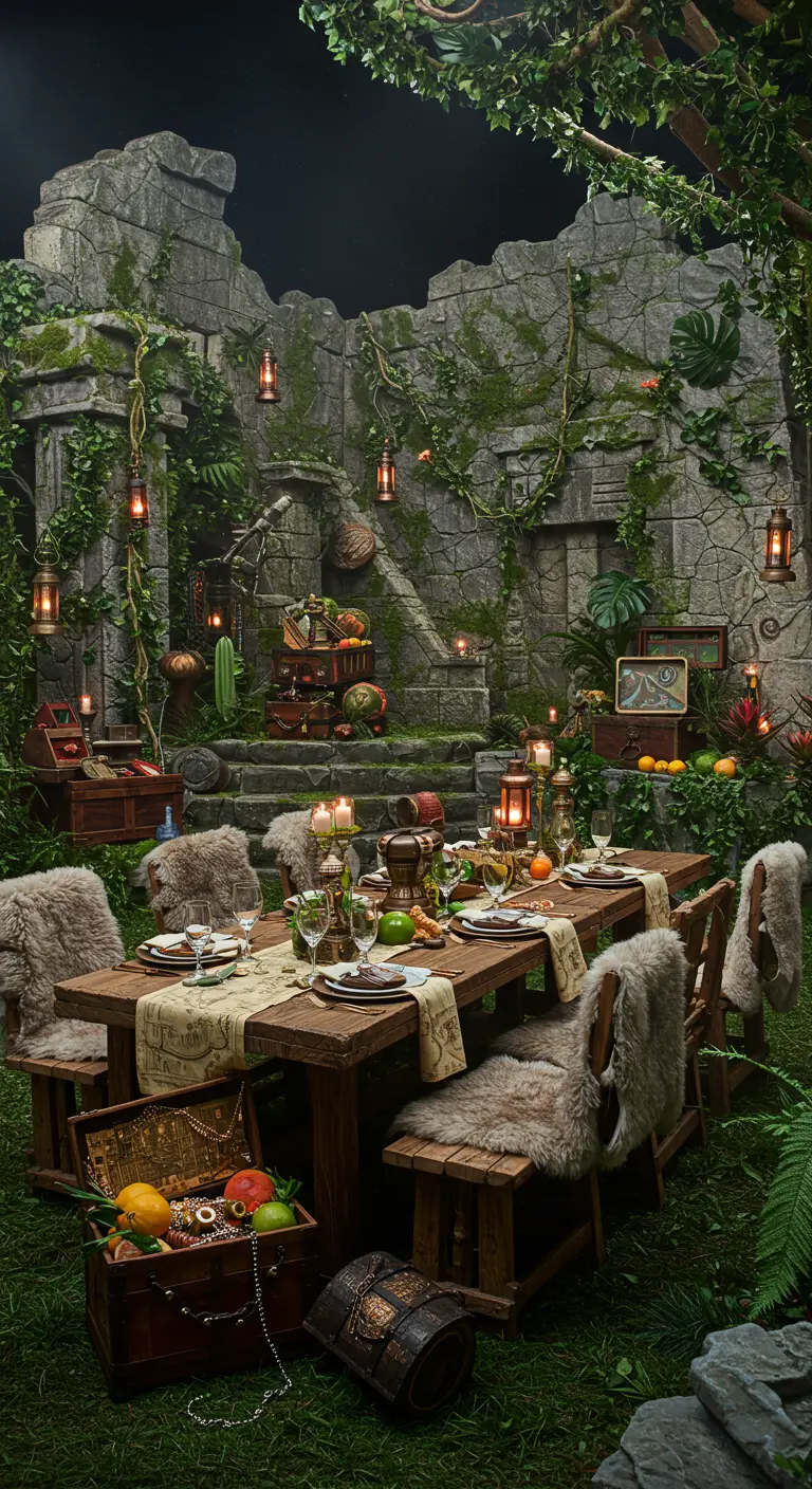 Eettafel in een setting van oude, overwoekerde stenen ruïnes, met lantaarns en schatkisten.