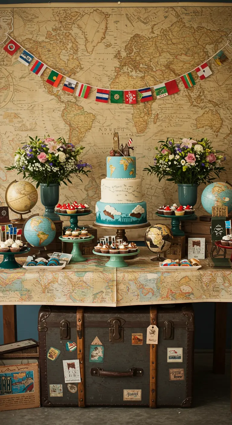 Taarttafel met reisthema, wereldkaart backdrop, globes, koffers en een thematische taart.