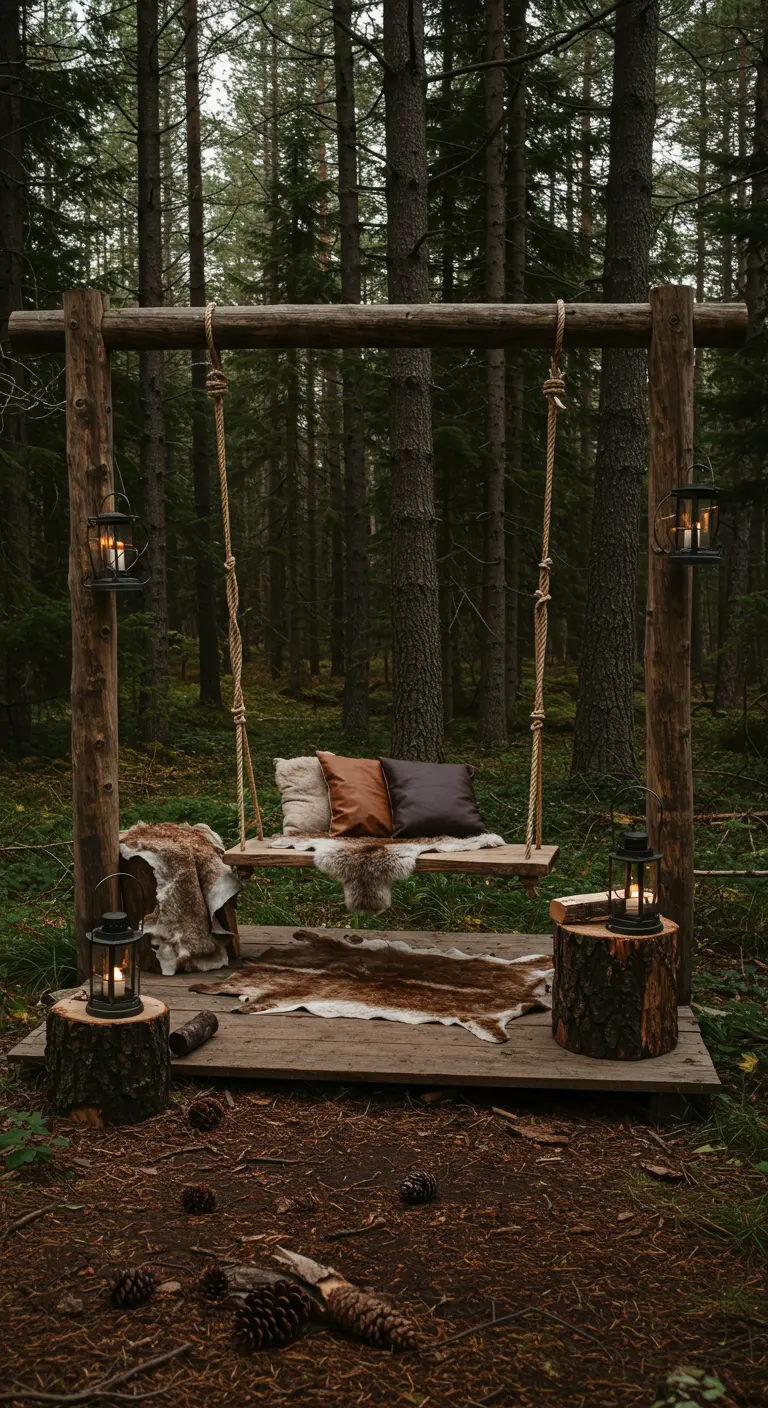 Rustieke houten schommelbank in donker bos, versierd met bontplaids, lantaarns en boomstronken.
