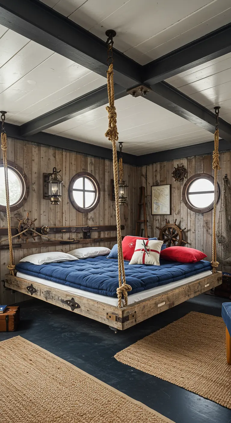 Slaapkamer met een groot houten bed dat met dikke touwen aan het plafond hangt, nautische stijl.