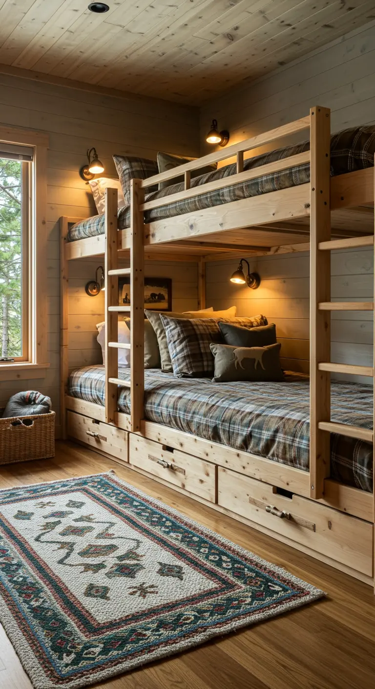 Rustieke logeerkamer met houten stapelbed, geruite dekbedden en sfeerverlichting.