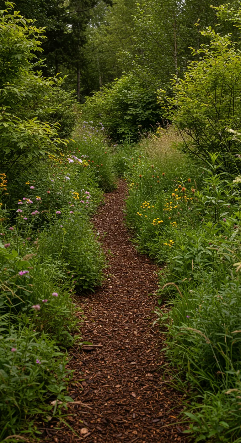 Pad van bruine houtsnippers slingerend door tuin met hoge grassen en wilde bloemen.