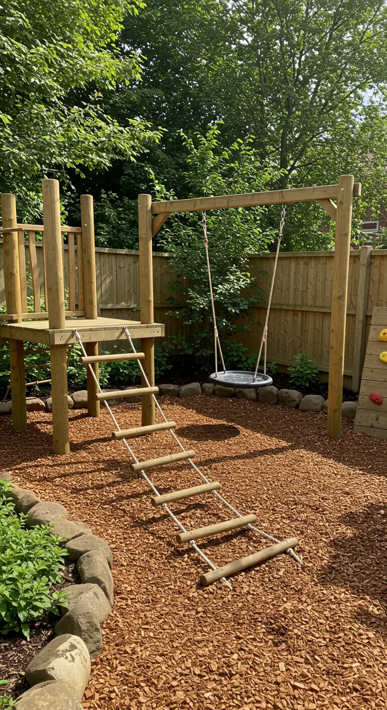 Houten speeltoestel met nestschommel en touwladder op een ondergrond van houtsnippers.