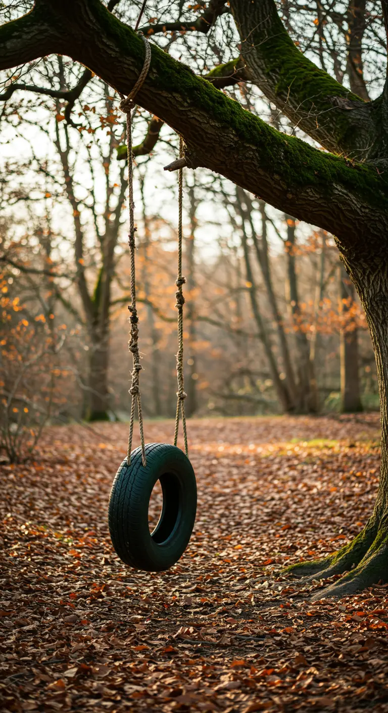 Zwarte autobandenschommel hangend aan een boom in een herfstbos vol bladeren.