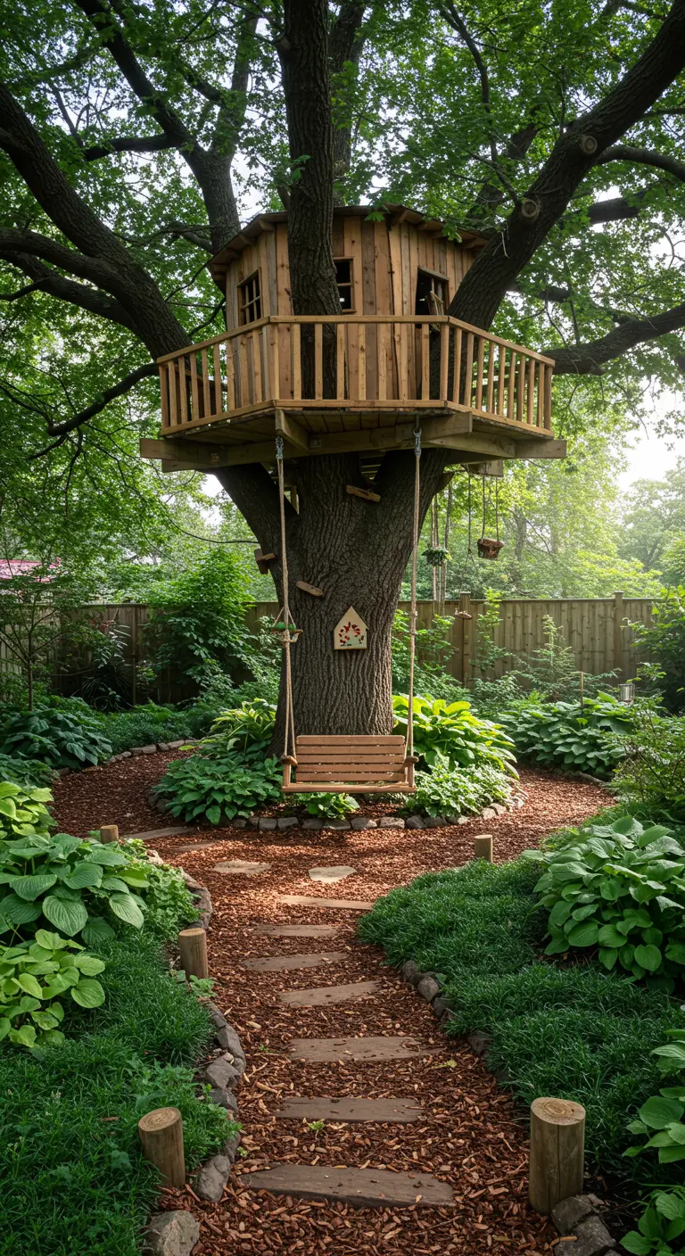 Houten schommelbank onder een boomhut in een lommerrijke tuin.