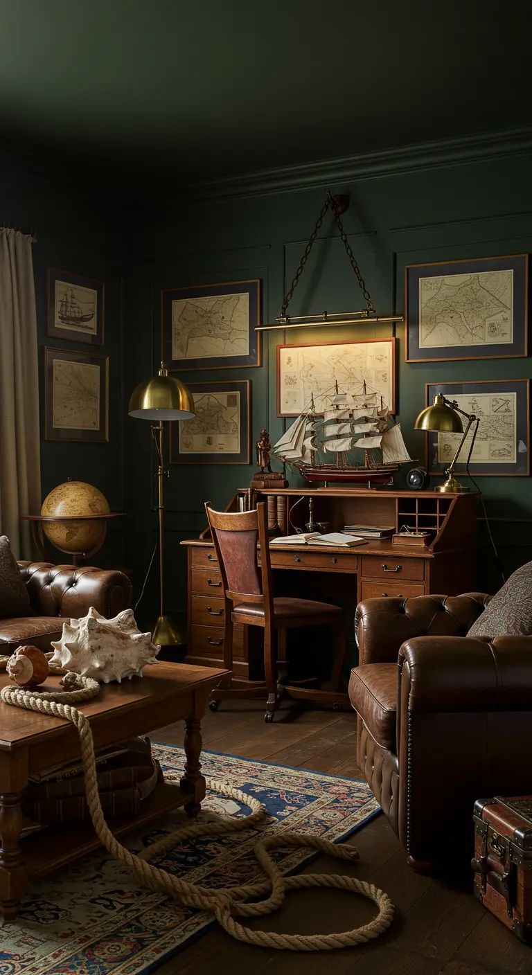 Donkere studeerkamer met groene muren, leren meubels, scheepsmodel en oude kaarten.