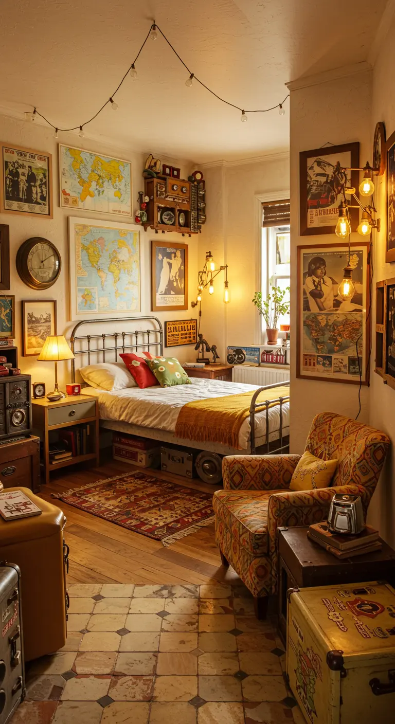 Eclectische slaapkamer vol landkaarten, vintage posters, metalen bed en sfeervolle verlichting.