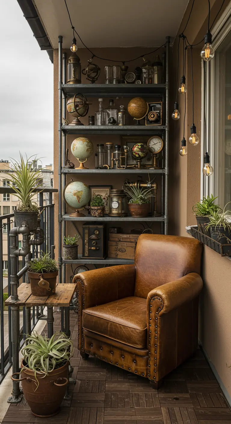 Balkon met industriële stellingkast vol vintage reisartikelen en een leren fauteuil.