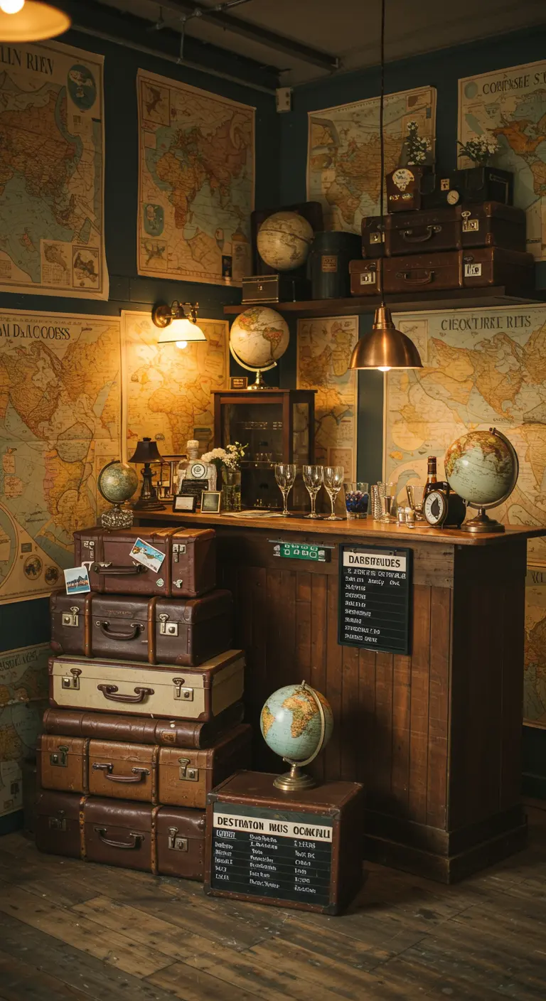 Bar gemaakt van gestapelde vintage koffers, met wereldkaarten en globes.