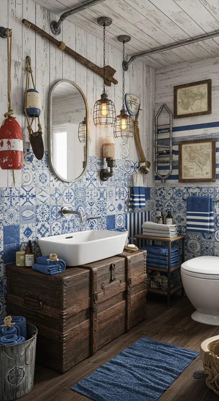 Avontuurlijke badkamer met oude kist als wastafel, patroontegels en nautische decoraties.