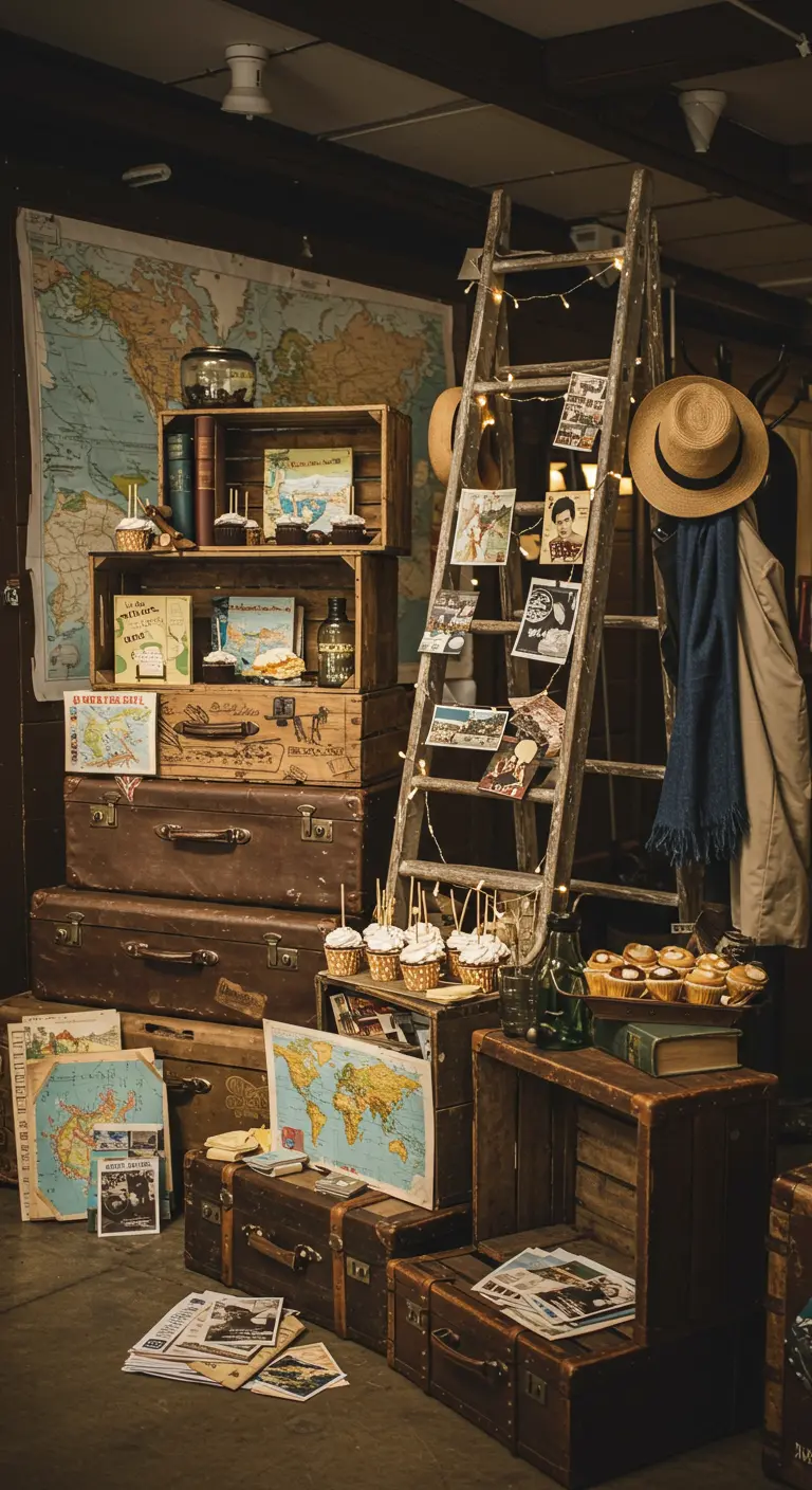 Feestdecoratie in reisthema met vintage koffers, kratten, wereldkaarten en een ladder met foto's.