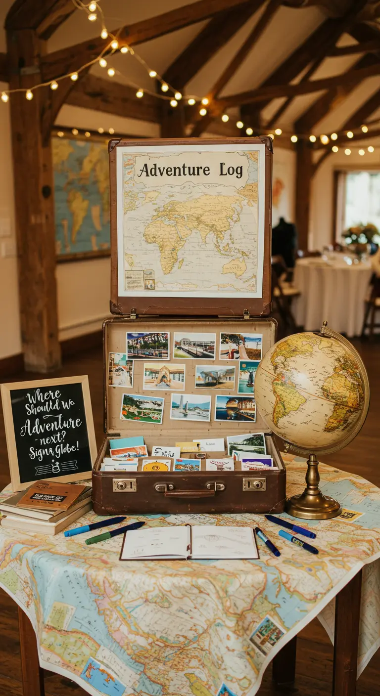 Gastenboekhoek met reisthema, vintage koffer, wereldbol en landkaarten.
