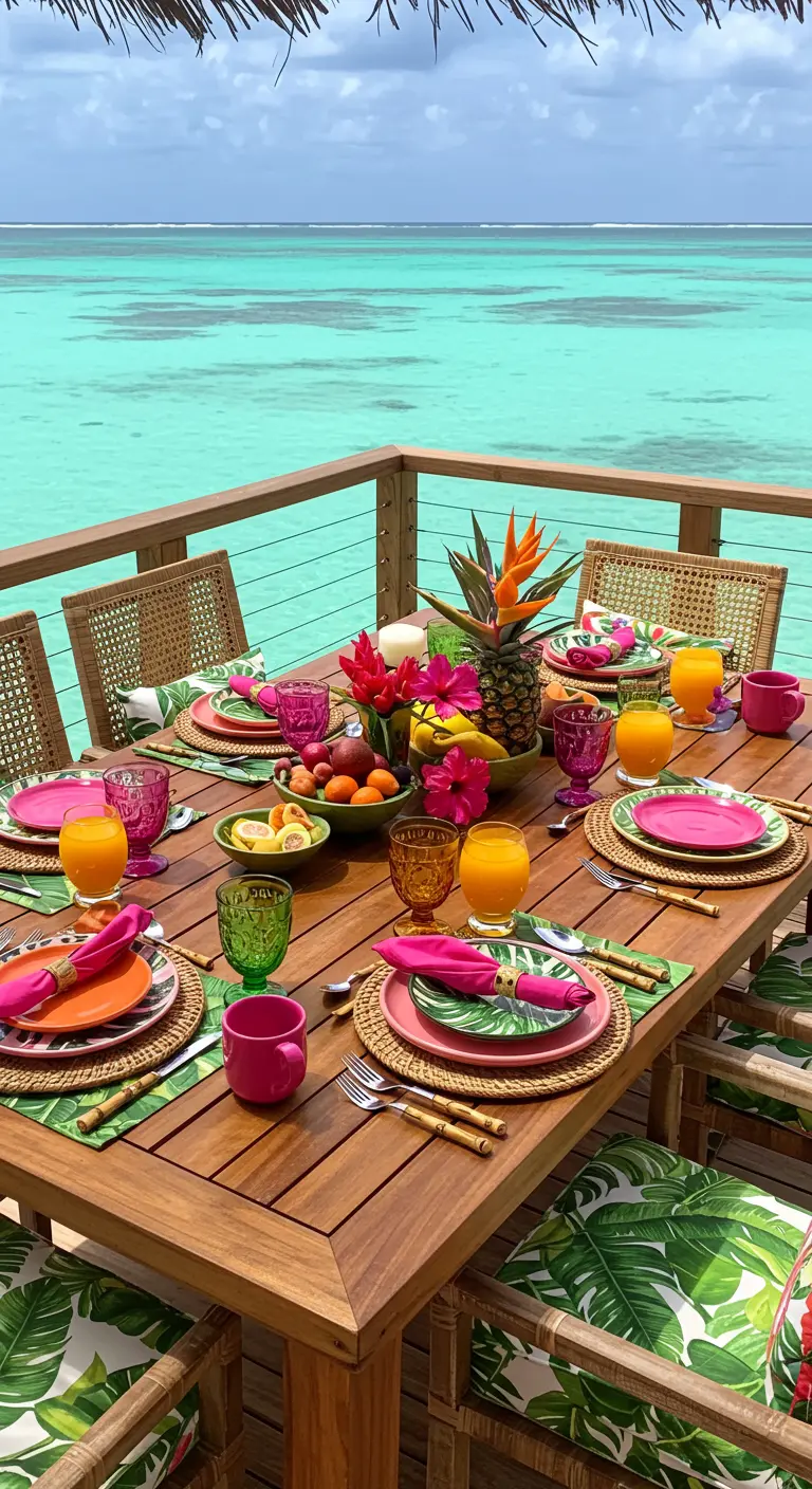 Kleurrijke tropische brunchtafel met uitzicht op turquoise zee.