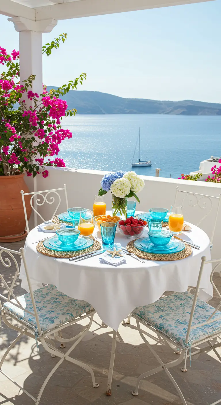Rond gedekte tafel op balkon met uitzicht op zee, turquoise servies en roze bougainvillea.