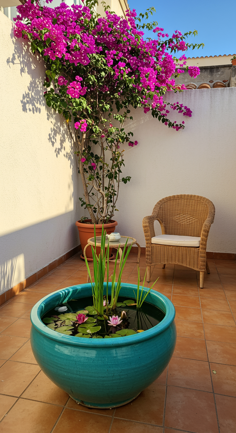 Turquoise keramische pot met waterlelies op een terras met rotan stoel en bougainvillea.