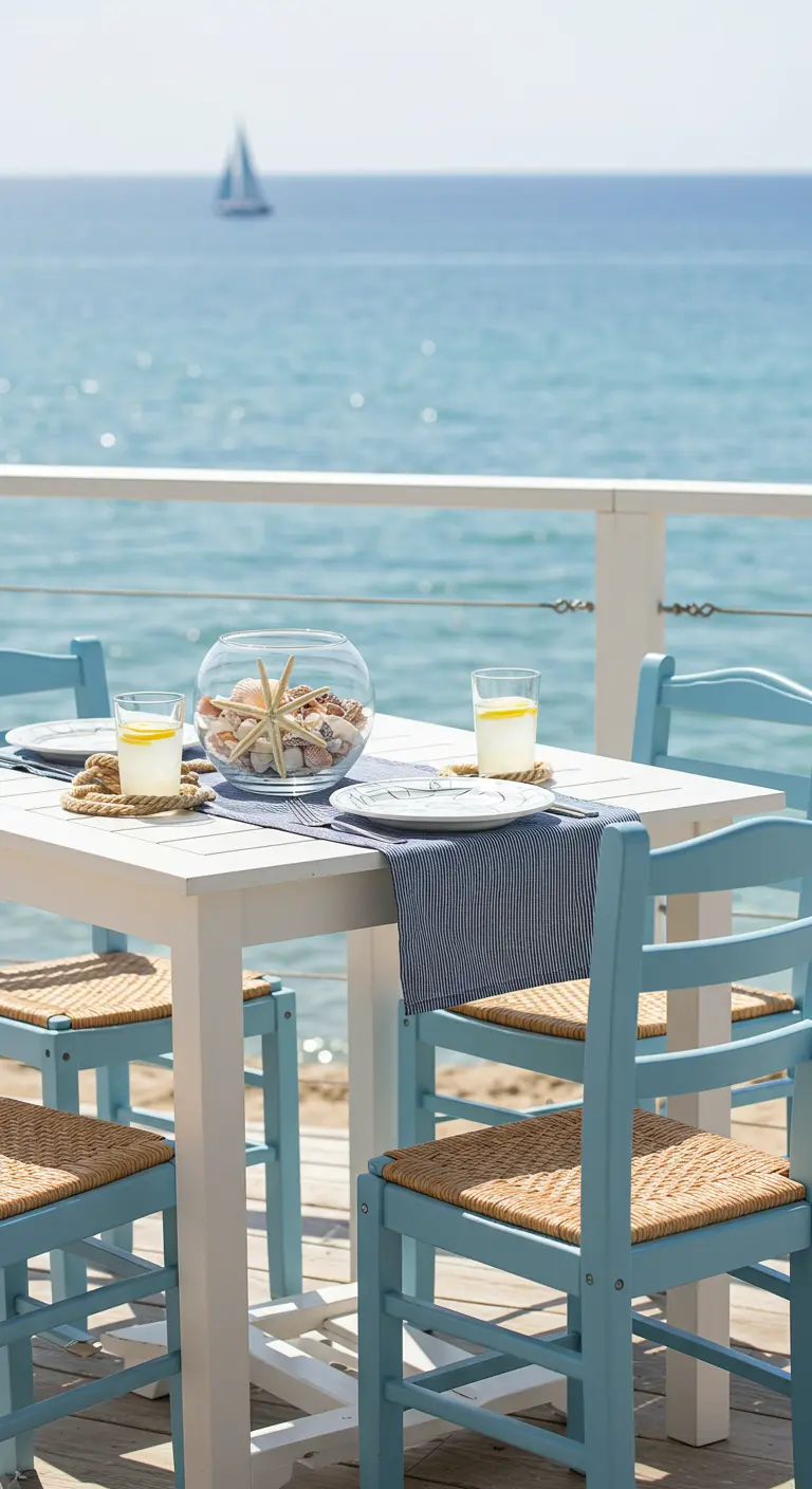 Witte tafel met blauwe stoelen en schelpendecoratie aan zee.