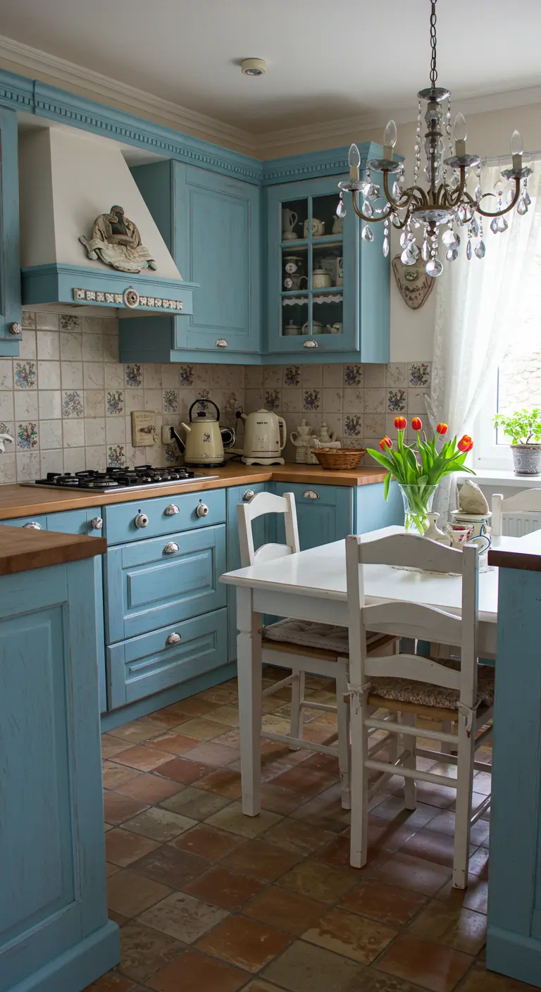 Landelijke keuken met babyblauwe kasten, houten werkblad, witte eethoek en kroonluchter.