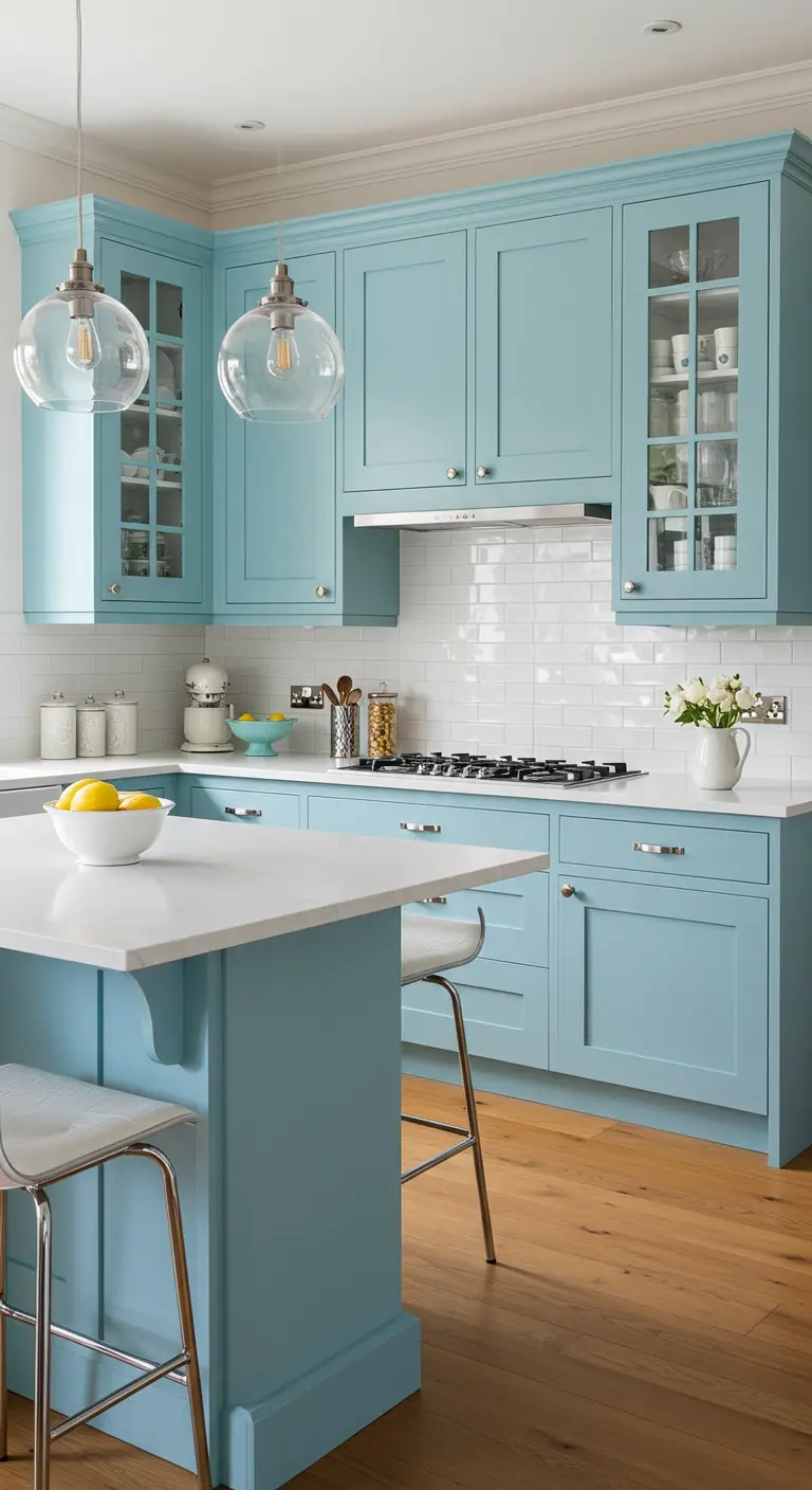Babyblauwe keuken met witte metrotegels en glazen hanglampen.