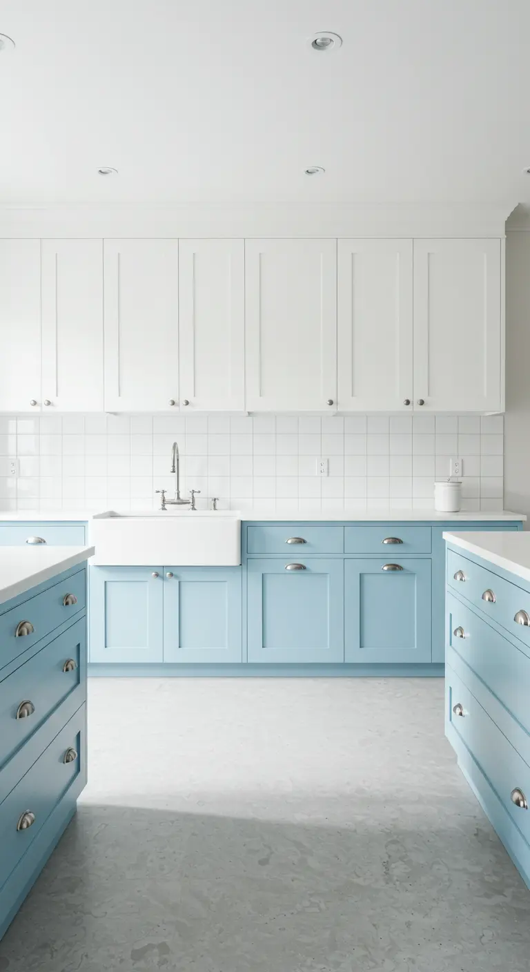 Moderne keuken met babyblauwe onderkasten, witte bovenkasten en witte tegelwand.