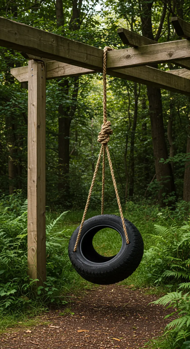 Autobandenschommel aan dik touw hangend aan een houten pergola in het bos.