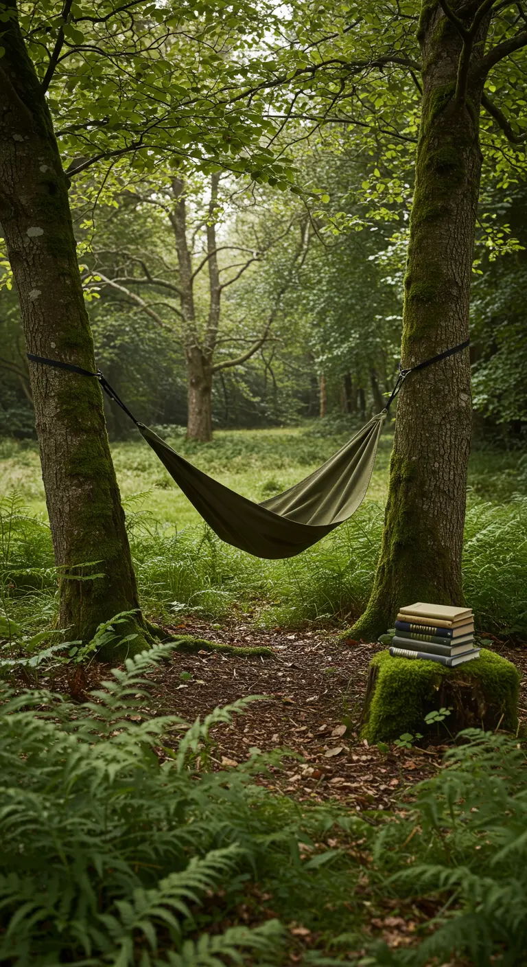 Groene hangmat gespannen tussen twee bomen in een bos, met boeken ernaast.