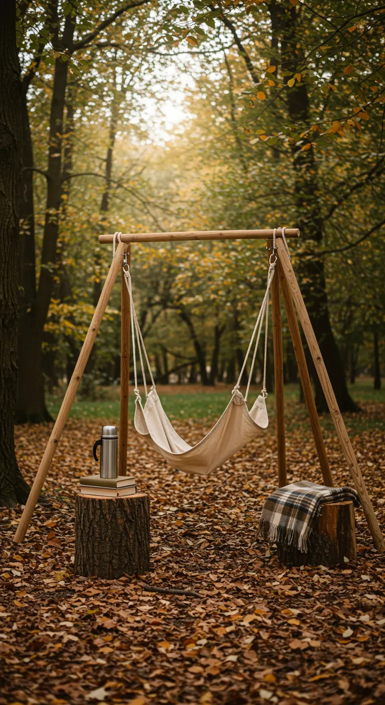 Houten A-frame hangmat met canvas doek in een herfstig bos, met boomstamkrukjes.
