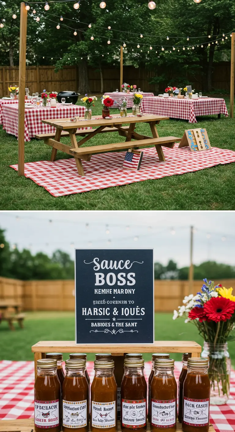 Achtertuin barbecue bruiloft met picknicktafels en gepersonaliseerde BBQ-sausen.