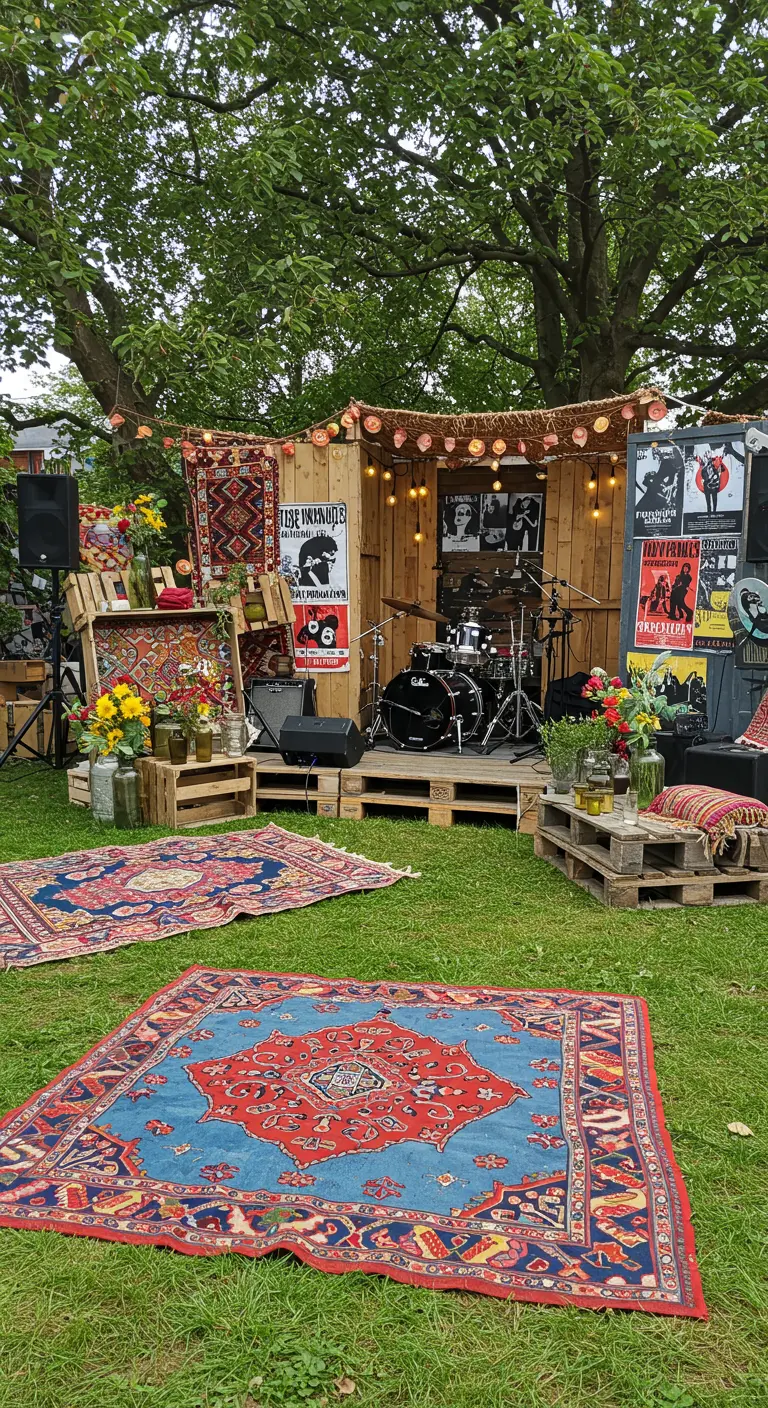 Buitenpodium met drumstel, posters, tapijten op het gras en lichtslingers voor een festivalgevoel.