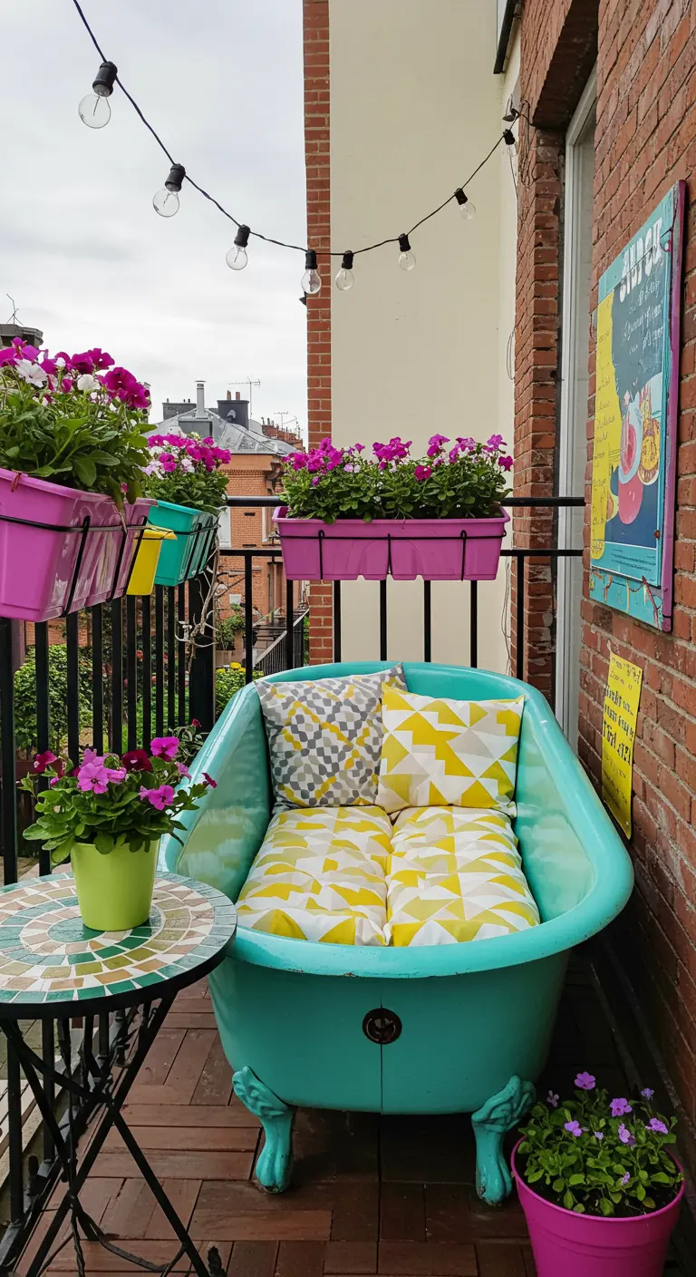 Turquoise vintage badkuip omgebouwd tot balkonbankje met kleurrijke kussens.