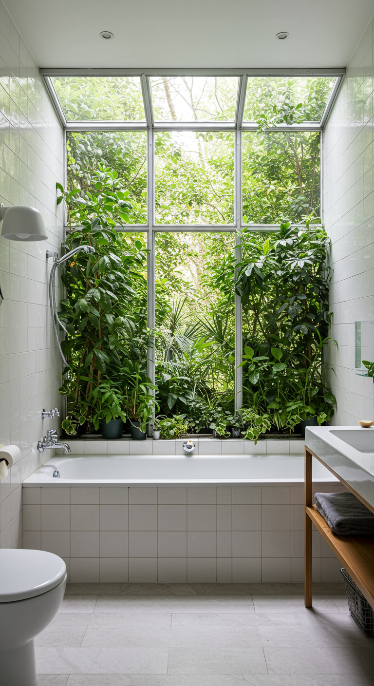Badkamer met glazen dak en wand, omringd door weelderige groene planten.