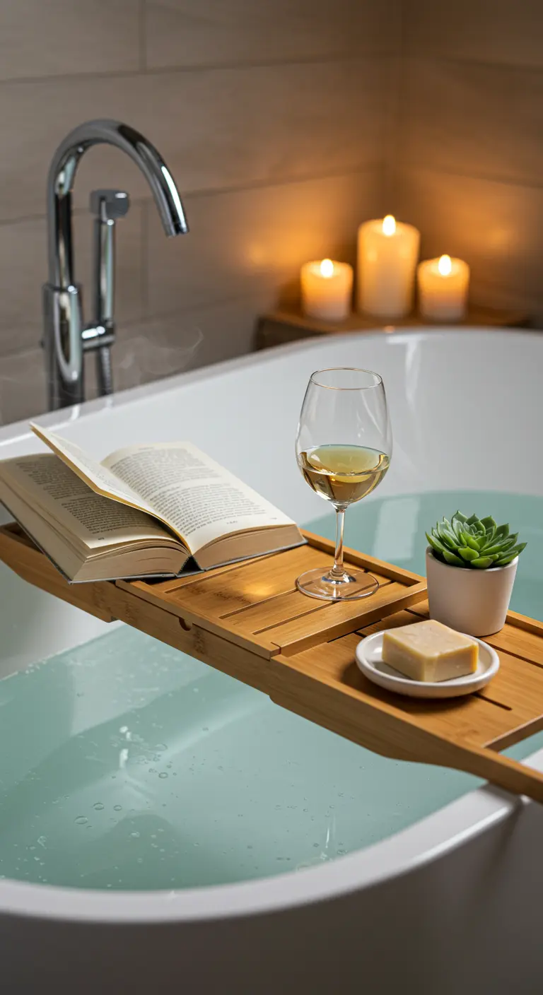 Houten badplank over een gevuld bad met een boek, glas wijn, zeep en plantje.
