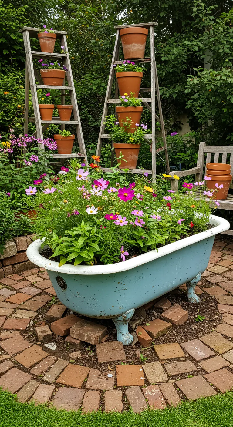 Antieke badkuip gevuld met kleurrijke bloemen als middelpunt in een tuin.