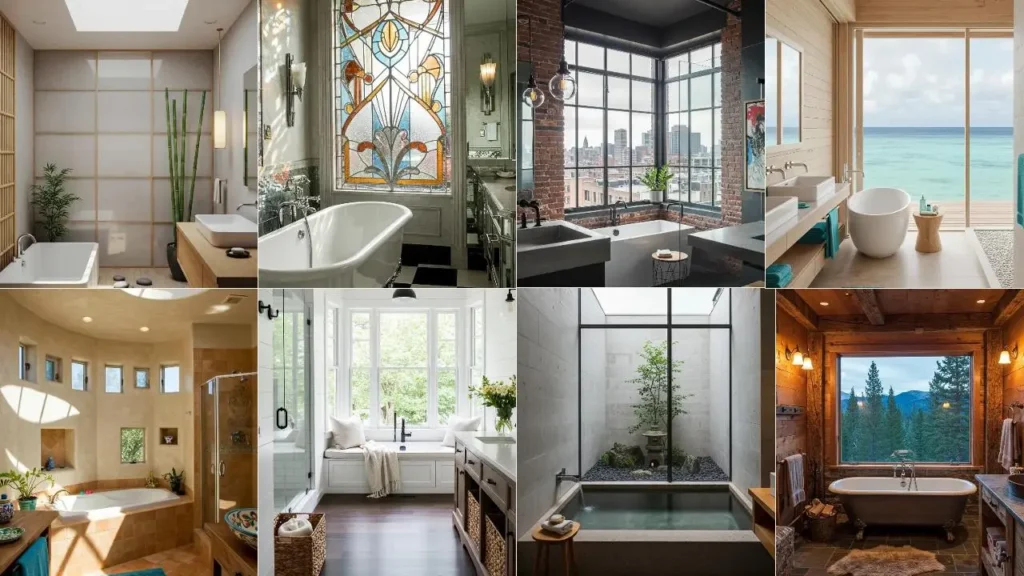 Diverse badkamers die baden in daglicht, met grote ramen, glas en lichtkoepels.