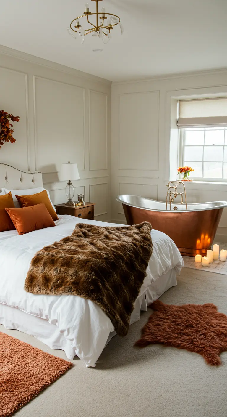 Luxe slaapkamer met vrijstaand koperen bad, kaarsen, oranje plaid en pluizig kleed.