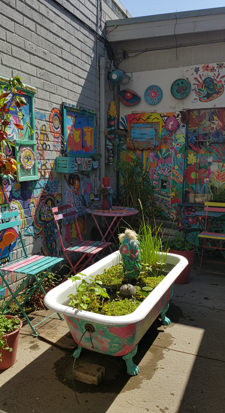 Witgeverfde badkuip als minivijver in een artistieke, kleurrijke tuin met graffiti-stijl kunst.