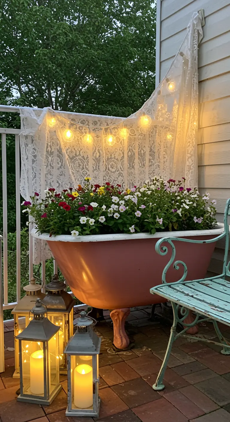 Oud roze badkuip gevuld met bloemen als plantenbak op een balkon, met kanten gordijn.