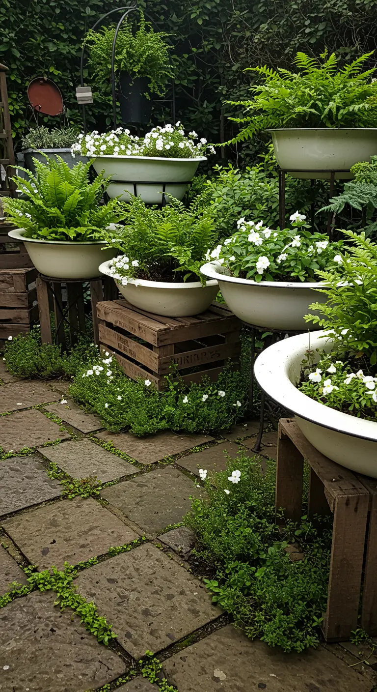 Meerdere antieke badkuipen, gevuld met varens en witte bloemen, in een groene tuin op verschillende hoogtes.