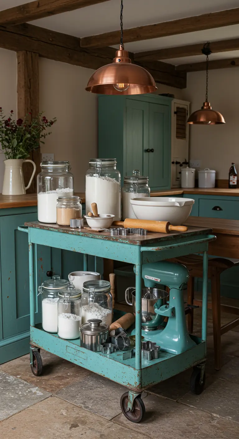 Turquoise vintage metalen keukentrolley vol bakbenodigdheden zoals potten met meel en deegroller.