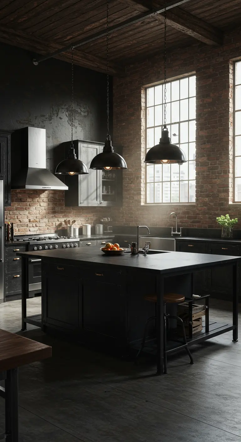 Industriële zwarte keuken met bakstenen muur, eiland en metalen hanglampen.