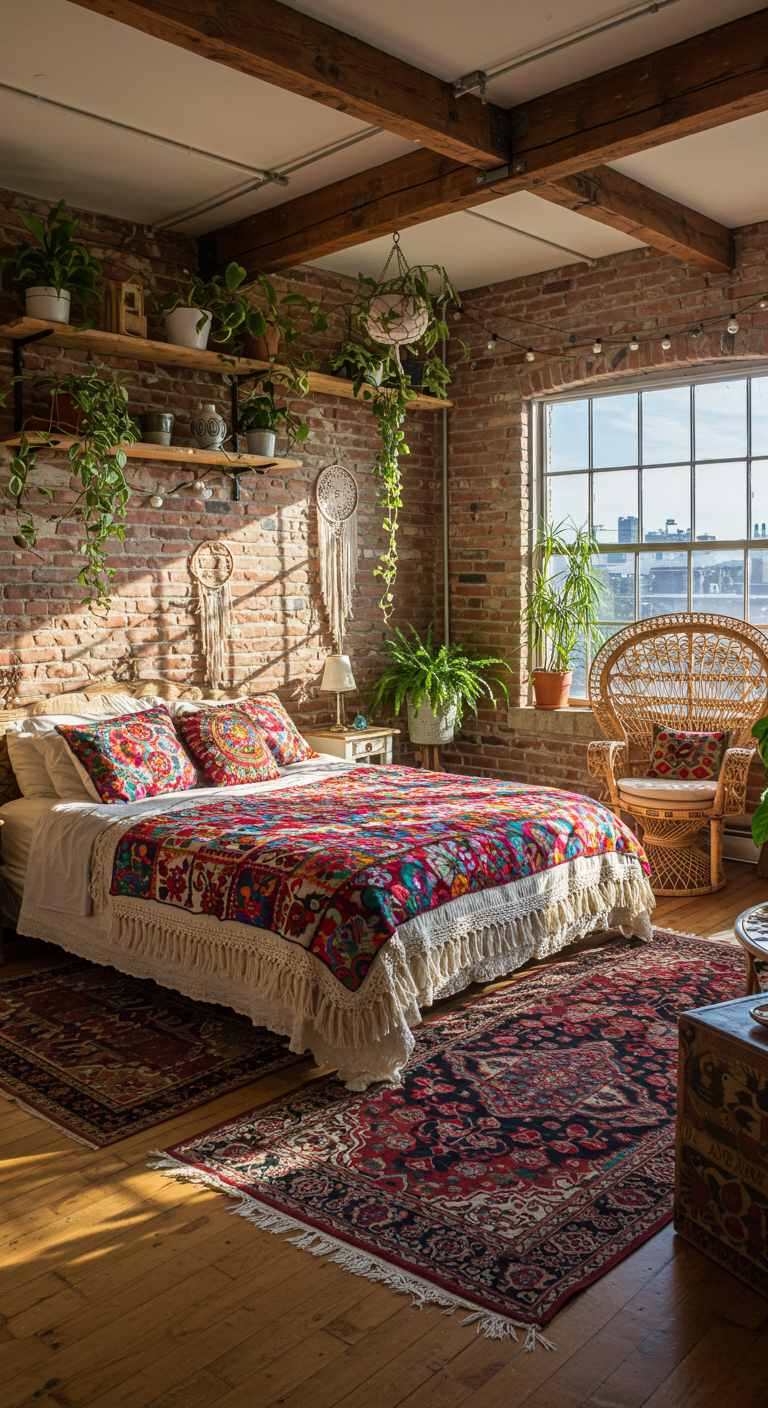 Bohemian slaapkamer met bakstenen muur, kleurrijk beddengoed en veel planten.
