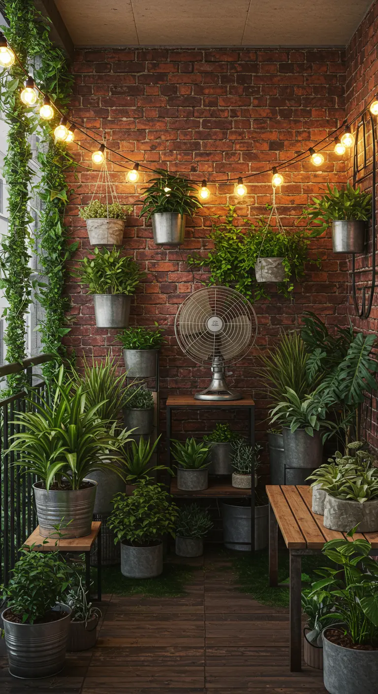 Balkon met bakstenen muur, veel planten in metalen potten en een vintage ventilator.